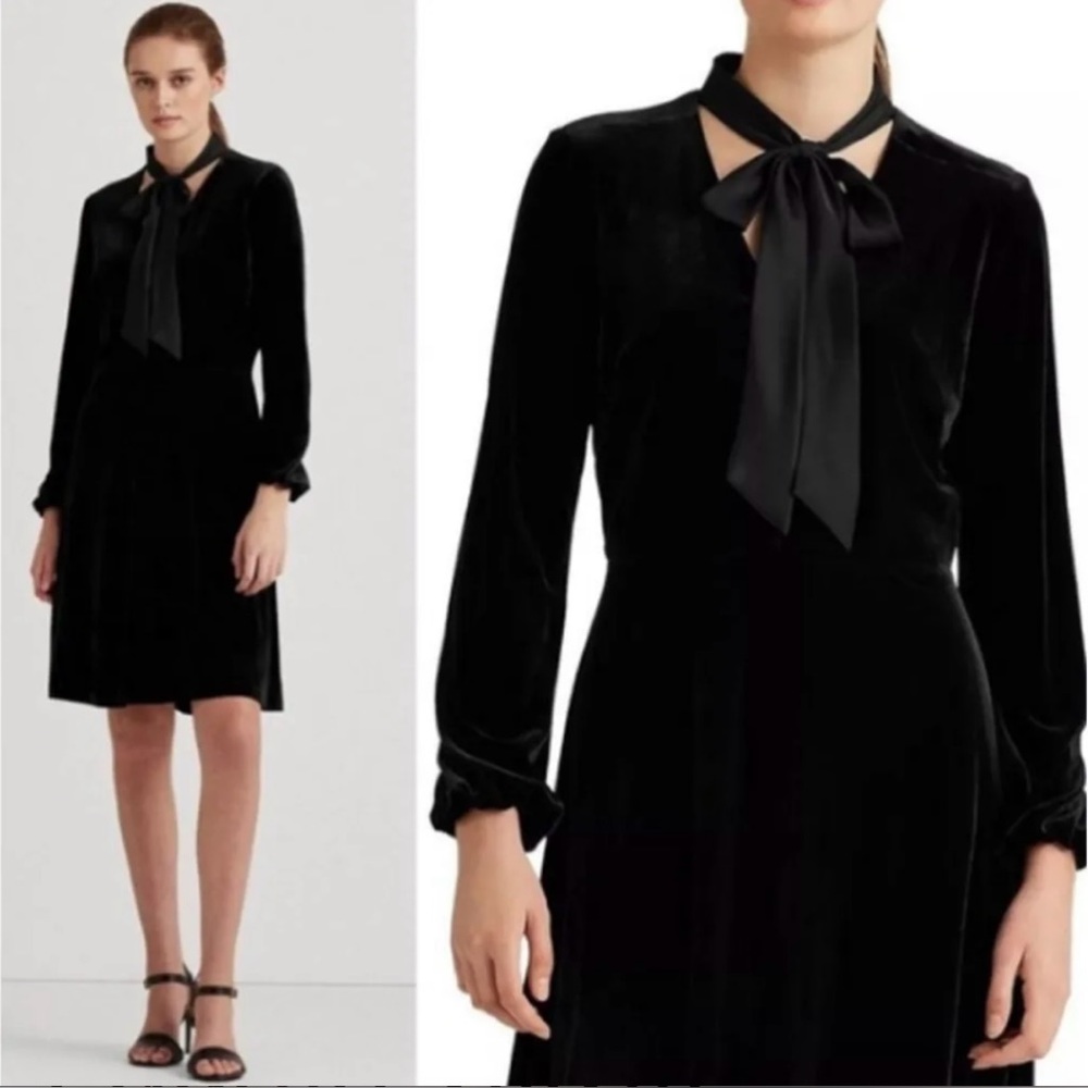 Lauren by Ralph Lauren Black Velvet Long Sleeve Fit & Flare Midi Dress size 12